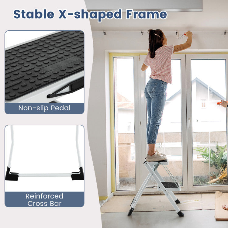 Robust Construction: Crafted from sturdy metal with a rustproof finish, our step ladder boasts a stable X-shaped structure capable of supporting up to 330 lbs. Experience unparalleled durability without deformation or wobbling, making it a reliable companion for various tasks.