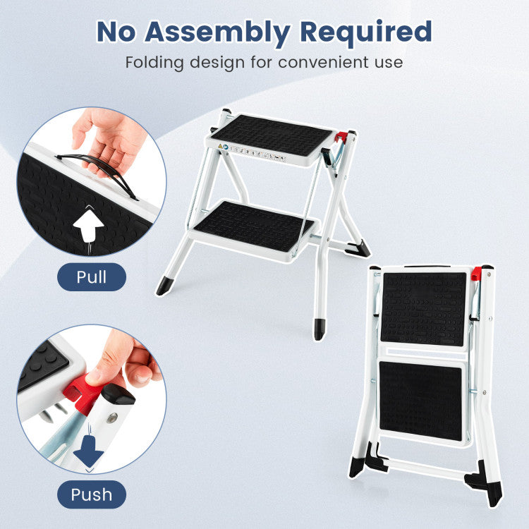 No Assembly Required: Enjoy instant convenience with our step ladder that requires no assembly. Unfold it directly out of the package and start using it immediately. The smooth surface ensures a comfortable user experience, and the waterproof quality simplifies maintenance. Elevate your tasks effortlessly with dimensions of 20" x 19" x 18" (L x W x H).