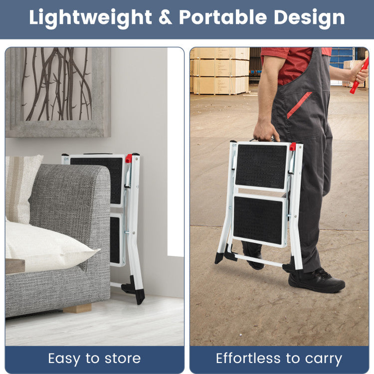 Portable and Space-saving Convenience: Effortlessly tackle tasks on the go with our portable step ladder. Weighing just 7.3 lbs and equipped with a convenient handle, it folds into a compact size with a simple press of the red button. Take it anywhere you need extra height without compromising space or convenience.