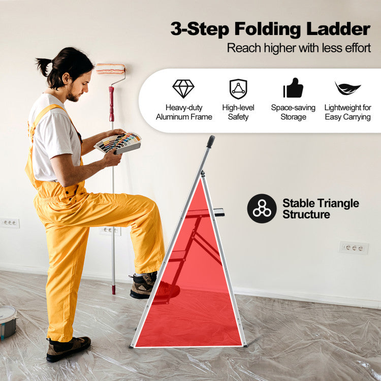 Sturdy Aluminum Frame: Our 3-step folding ladder features a sturdy aluminum frame, providing a stable and secure platform for all your tasks. The rustproof and lightweight design, coupled with a fastened supporting brace and reinforced beam, ensures unparalleled stability for any job.