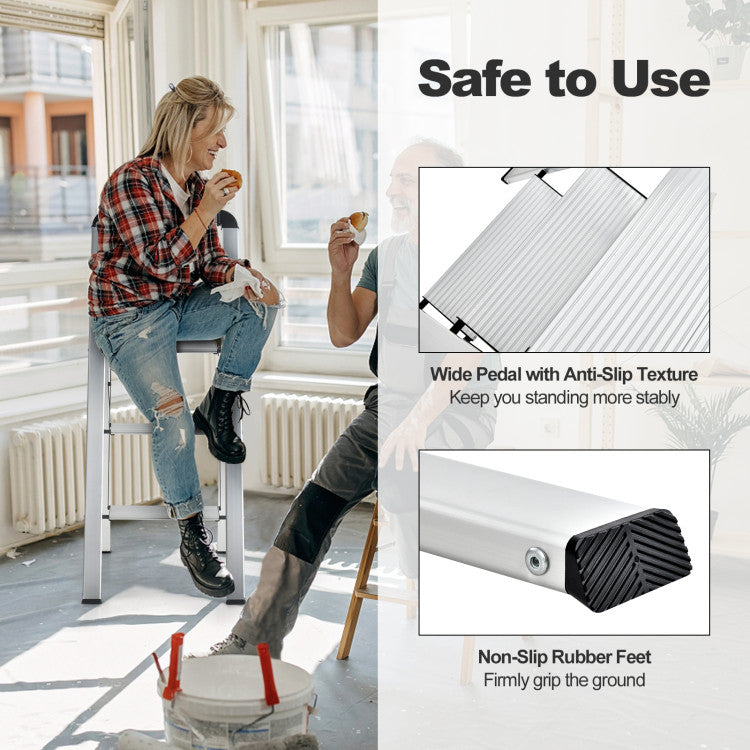 Slip-resistant Assurance: Tackle tasks with ease using the anti-slip design of our ladder. The wide, textured pedals offer a secure footing, while non-slip rubber feet firmly grip the ground. Safety is our priority, making this ladder a reliable choice for any household or professional use.