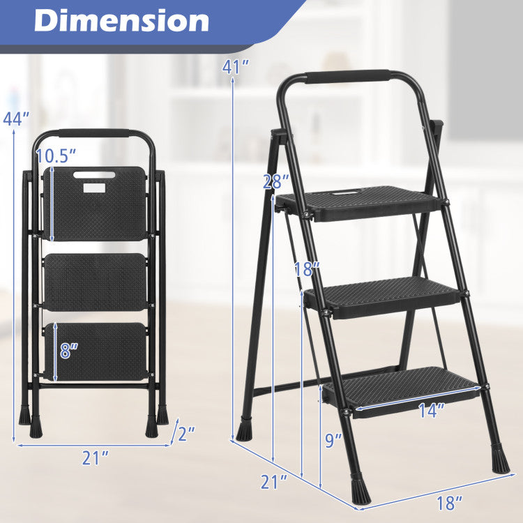 Product Information: Unfolding to a spacious 21" x 18" x 41" (L x W x H) and folding down to a compact 21" x 2" x 44" (W x D x H), with a top standing platform size of 10.5" x 14" (L x W). This fully assembled step stool is ready for action, making it the ideal companion for your home and beyond.