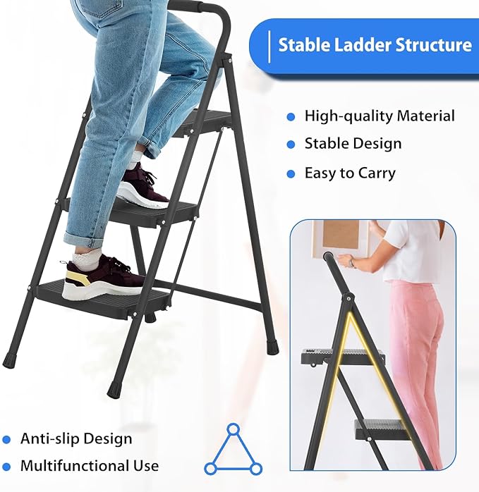 Ultra Stability, Super Safety: Our 3-step ladder boasts ultra-stability and super safety features, ensuring a secure foothold with widened anti-slip pedals. Climb confidently with the unwavering support of the safety buckle, conquering new heights effortlessly.