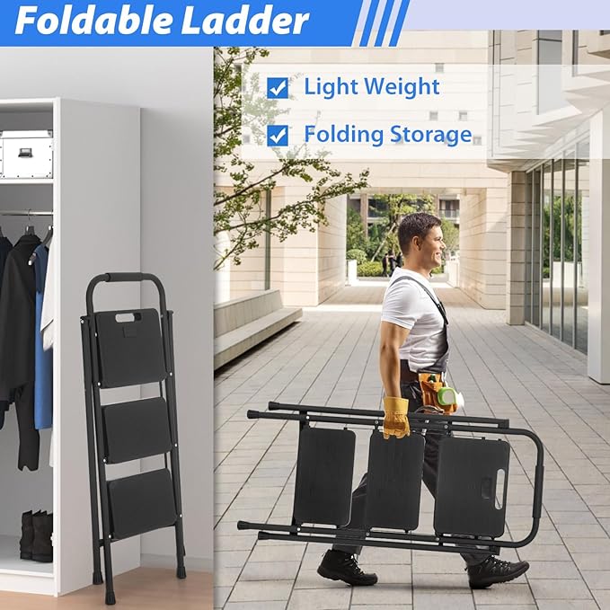 Streamlined for Storage: Unleash the power of efficiency with our streamlined storage solution. After conquering your tasks, effortlessly fold and store this portable stepladder in minimal space. Whether it's a closet or behind a door, it's always ready for the next climb, maximizing your living space.
