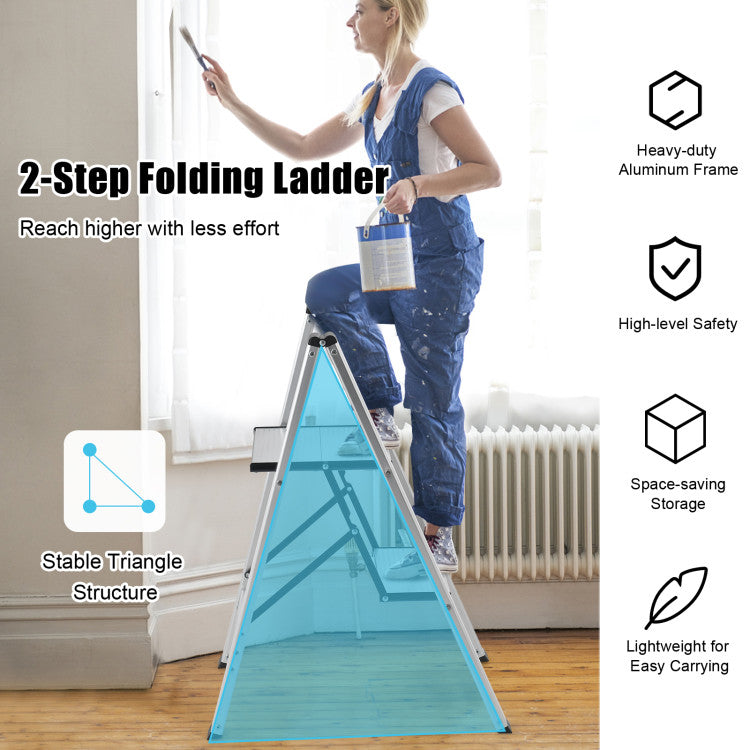 Sturdy Aluminum Frame: Our 2-Step Folding Ladder boasts a robust 0.05-inch thickened aluminum frame, providing a sturdy, rustproof, and lightweight solution for all your elevated needs. With a fastened supporting brace, safety buckle, and embedded reinforced beam, experience unparalleled stability for every task.