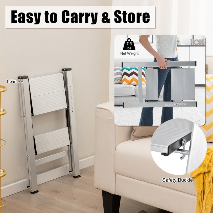 Easy to Carry and Store: Unfold convenience with our 2-Step Folding Ladder, which effortlessly transforms into a compact size measuring only 28.5" x 17.5" x 1.5" when not in use. Weighing a mere 7.5 lbs, it's easy to carry, and store and fits seamlessly into any corner of your space. Embrace portability without compromising on strength.