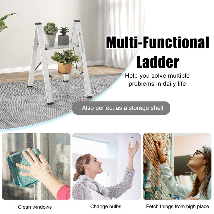 Multifunctional Ladder: Make every day more accessible with our multifunctional ladder. Perfect for cleaning windows, changing bulbs, or retrieving items from high places. This versatile 2-step ladder is also a storage shelf, combining practicality with efficiency for a ladder that adapts to your needs.