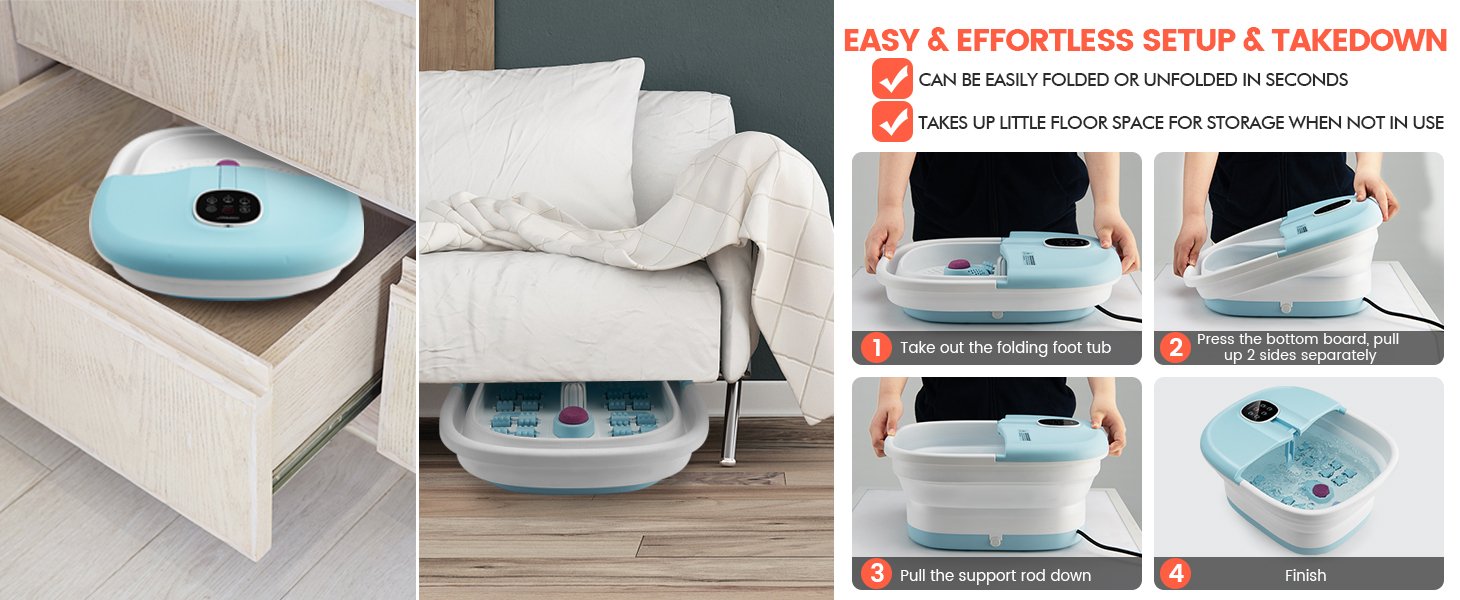 Humanized Folding and Support Rob Design: The foot tub features a collapsible design that allows you to fold it in seconds. So you can store it in any narrow corner without taking up too much space. In addition, the massager has a hidden support bar that supports your feet when you place it on the product cover.