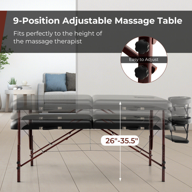 9-Position Adjustable: Achieve the perfect fit with our 9-position adjustable massage table, catering to both the massage therapist and client. The adjustable face cradle and arm tray adapt to various postures, offering versatility for a truly customized experience. An additional face cut-out provides even more options for comfort.