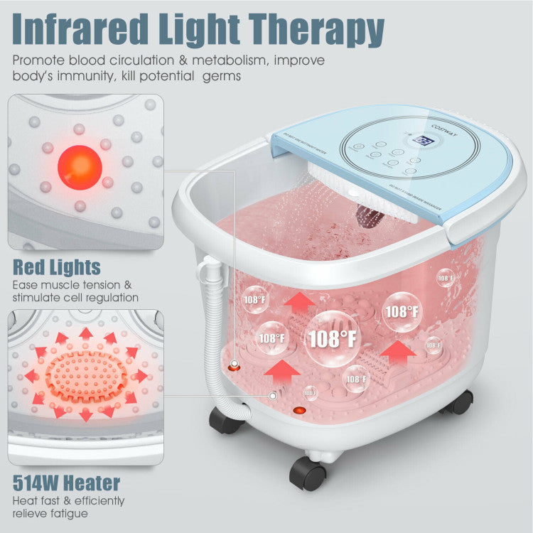 Adjustable Shower and Red Lights: This foot spa bath has an adjustable shower rod under the operation panel. Your ankles, insteps and toes could enjoy all-round shower. Please do not forget to turn on its red light function to enhance spa effects and promote blood circulation, thus relieving foot fatigue and pains.