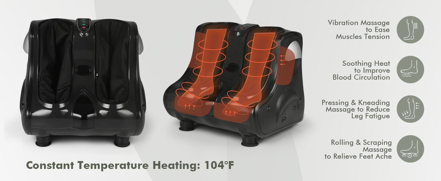 Soothing Heat and Vibration: Experience the warmth of our foot and calf massager's smooth heating function, reaching a maximum temperature of 104°F. Complemented by a vibration feature to accelerate blood circulation, this massager is designed to relieve aching feet effectively.