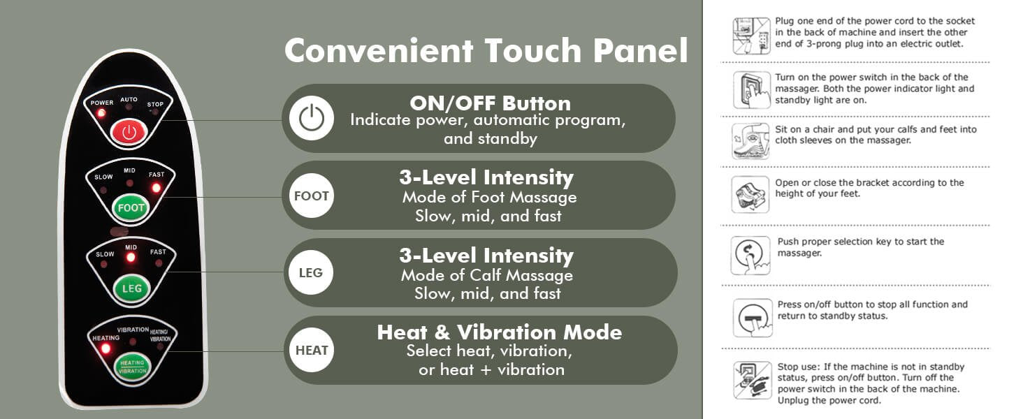 Customizable Comfort Levels: Tailor your massage with 3 intensity modes for foot and calf massage. Choose from low, medium, to high speeds to target your comfort zones, providing a soothing and adjustable foot massage experience. Includes a 15-minute auto shut-off for muscle protection.