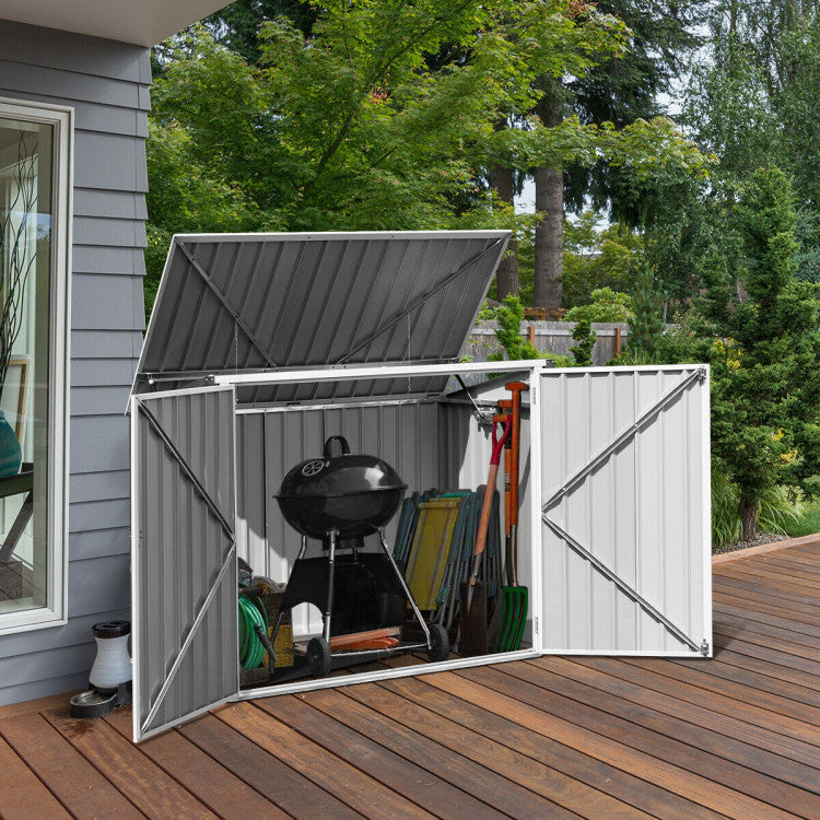Corrosion-Resistant and Waterproof: Constructed with galvanized steel, this shed is not only rust-proof and scratch-resistant but also effectively prevents corrosion. The unique saddle design roof guarantees heavy-duty protection against water and snow, keeping your belongings safe.