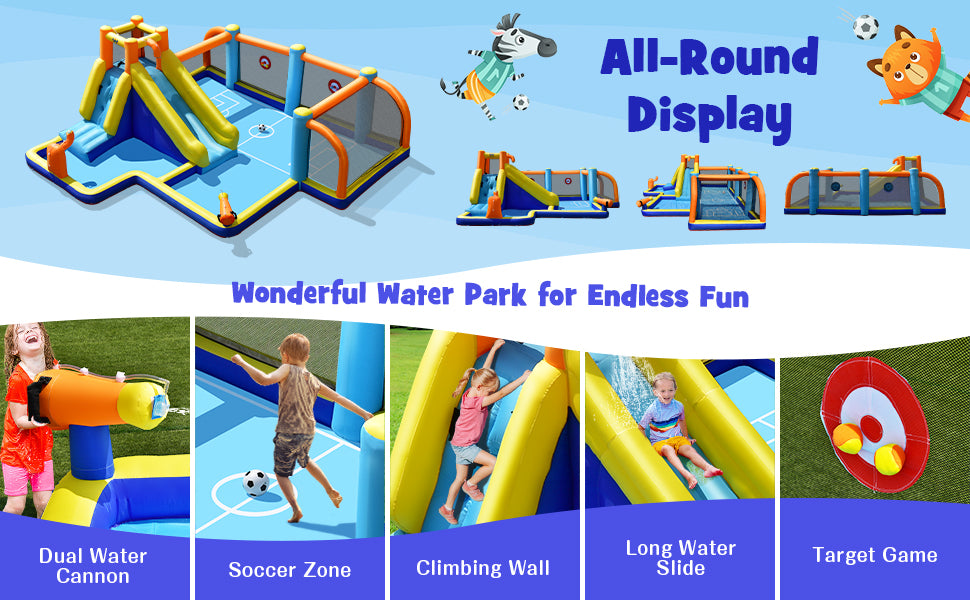 Giant Soccer Themed Inflatable Water Slide & Bounce Castle for Kids with Splash Pool without Blower