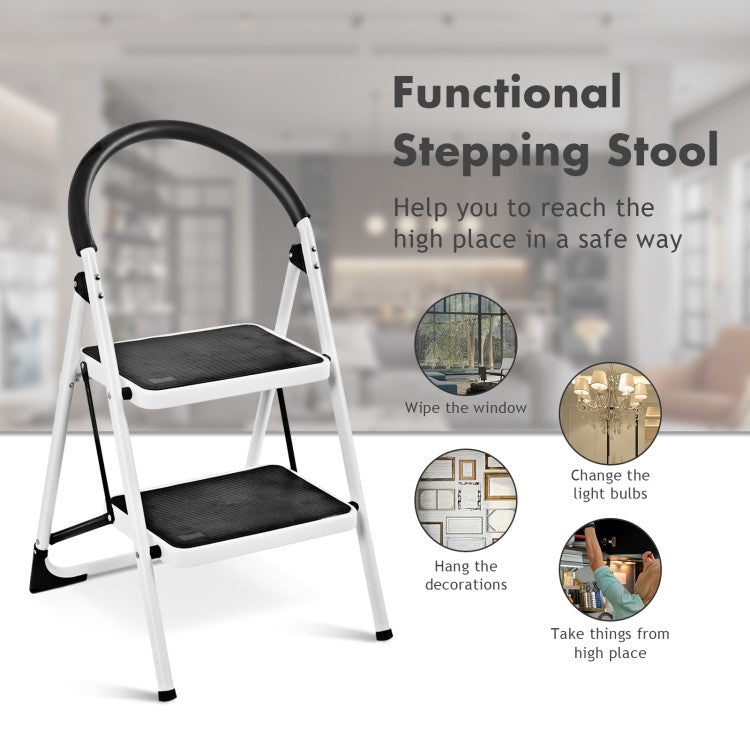 Multi-Use and Function: The foldable two-step ladder is the ideal tool for any task in various places such as the kitchen, office, bathroom, garage, etc. The stepladder can be used for reaching a high cabinet, changing the light bulb, or washing the windows. This ladder makes it easier to get any job done.