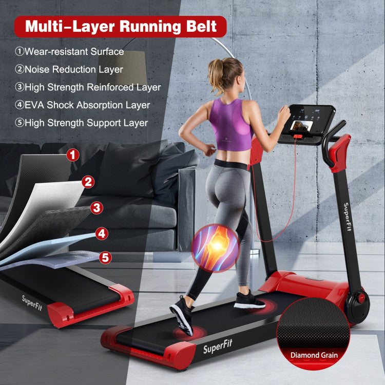 Spacious and Comfortable Running Area: Our running machine features a generously sized 5-layer running belt measuring 43.5" x 16.5". Enjoy the freedom to run comfortably while experiencing a reduced impact on your legs and joints. The diamond-grain belt ensures excellent wear resistance and skid resistance, providing a safe and durable running surface.