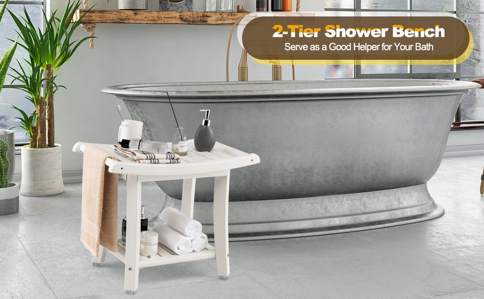 Ample 2-Tier Storage: This 2-tier shower bench includes a spacious bottom shelf, ideal for storing toiletries, bath essentials, candles, magazines, and more. Additionally, the side handles double as convenient towel racks, perfect for hanging wet towels.