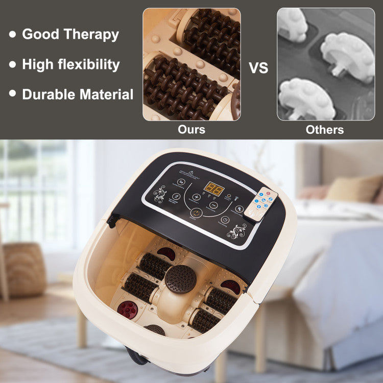 Massager Design Foot Bath: Experience ultimate relaxation with 4 motorized massage rollers, acupuncture points precision, hot-water waves, HF vibration massage, O2 bubbles, and controlled heating. Boost metabolism and smoothen meridians effortlessly.