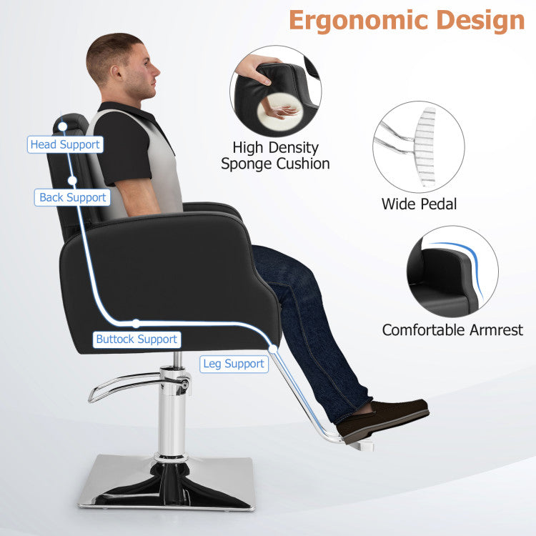 Ergonomic Barber Chair: Designed for your comfort, this salon chair features an adjustable headrest, high backrest, wide seat, comfortable armrest, and pedal, providing excellent support for your entire body. Plus, the chair is padded with a high-density sponge cushion for a truly comfortable sitting experience.