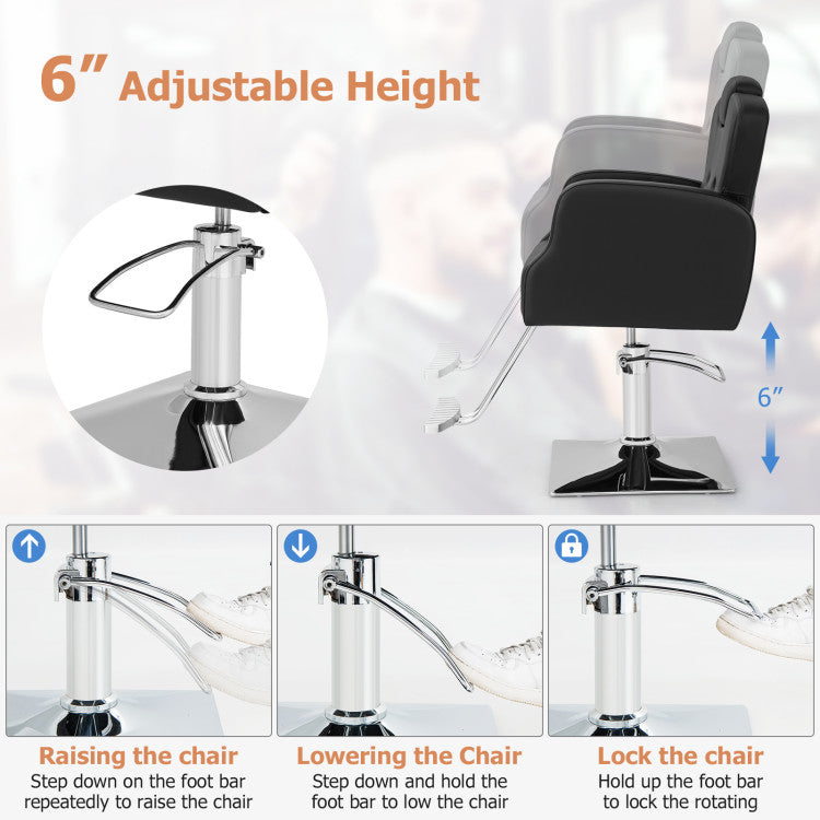 Adjustable Headrest and Seat Height: Our hairstylist chair boasts an 8-position adjustable headrest and easily adaptable seat height (21.5"-27.5"), ensuring barbers of all heights deliver top-notch service. With 360° rotation and a sleek design, it's perfect for beauty salons, dressing rooms, and tattoo shops.