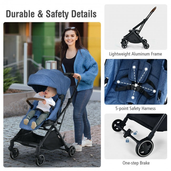 Durable & Safety Details: A five-point harness keeps children safe and secure, with adjustable harness heights to provide a customized fit. the stroller is made of premium Aluminum which is lightweight. Features with a one-step brake free your hands up in travel.