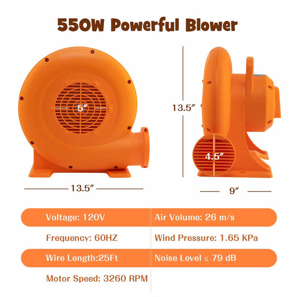 Powerful Motor for Efficient Performance: Featuring a robust motor with three power options (380W/550W/750W), this blower delivers high-speed airflow at 2700/3260/3330RPM, reaching air volumes up to 21/26/26m/s. Its 4.5" air vent ensures quick and complete inflation for various inflatables.