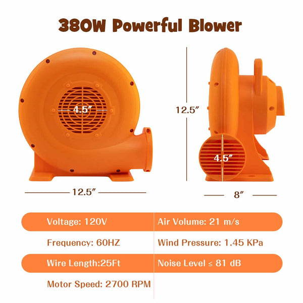 Powerful Motor for Efficient Performance: Featuring a robust motor with three power options (380W/550W/750W), this blower delivers high-speed airflow at 2700/3260/3330RPM, reaching air volumes up to 21/26/26m/s. Its 4.5" air vent ensures quick and complete inflation for various inflatables.