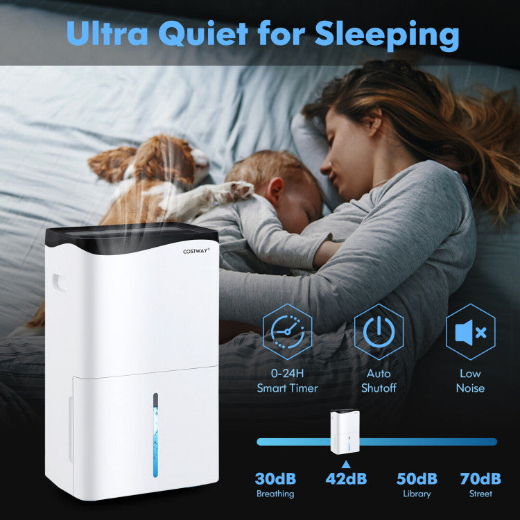 <p><strong>Quiet Operation and Thoughtful Design:</strong> The low-noise sleep mode, screen-off function, and smart 0-24h timer can offer you a peaceful and sweet sleep while saving energy. The water tank with a detachable handle makes it easy for you to remove the water. Moreover, the dehumidifier features a detachable and washable filter for easy maintenance.</p> <p>&nbsp;</p>