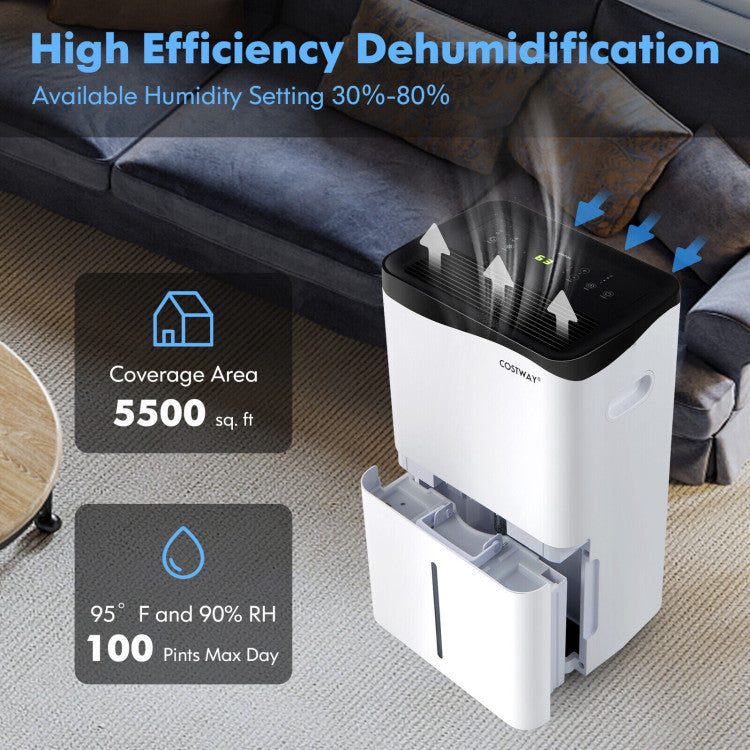 <strong>5500 Sq. Ft and 100 Pint Portable Dehumidifier:</strong> This high-efficiency dehumidifier can remove up to 100 pints of water from the air per day under 95℉, 90% RH condition (36 pints DOE standard, 85 pints 86°F, 80%), which is ideal for large rooms up to 5500 sq ft. Featuring 4 universal casters and side handles, it can be moved easily from room to room, such as the bathroom, bedroom, basement, garage, etc.