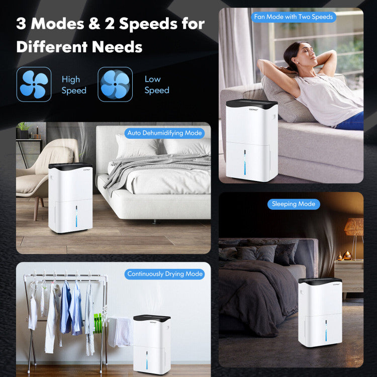 <strong>4</strong> <strong>Working Modes and 2 Fan Speeds:</strong> This smart Wi-Fi dehumidifier comes with 4 modes (auto/continuous drying/sleeping/fan) and 2 speeds (high/low) to meet all your needs. The intelligent auto mode helps maintain the constant humidity you desire. In addition, the continuous drying mode is perfect for drying your clothes and towels, especially on rainy days.