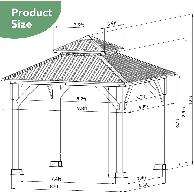 Ample Shelter for Outdoor Pursuits: With dimensions of 9.7' x 9.7' x 9.7', this patio canopy offers abundant space for diverse outdoor activities. Featuring overhanging eaves and accessible entry points on all sides, it provides generous shade coverage and easy access. Arrange outdoor furniture beneath for summer gatherings in ultimate comfort.
