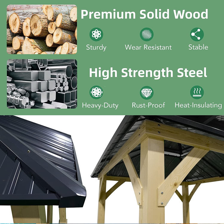 Robust Wood and Metal Build: Crafted from solid wood and durable metal components, this hardtop gazebo guarantees steadfast stability and long-lasting performance. The widened wooden base can be further secured with additional stakes, while the wooden tripod structure reinforces corner connections to withstand wind for optimal outdoor use.