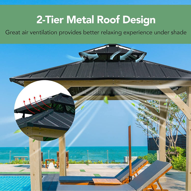 Enhanced Airflow with 2-Tier Roof: Experience enhanced ventilation with the 2-tier roof design of this hardtop gazebo, ensuring efficient heat dissipation and a cooler environment. The sloped roof design features grooves that facilitate rainwater drainage and prevent snow buildup, ensuring structural integrity.
