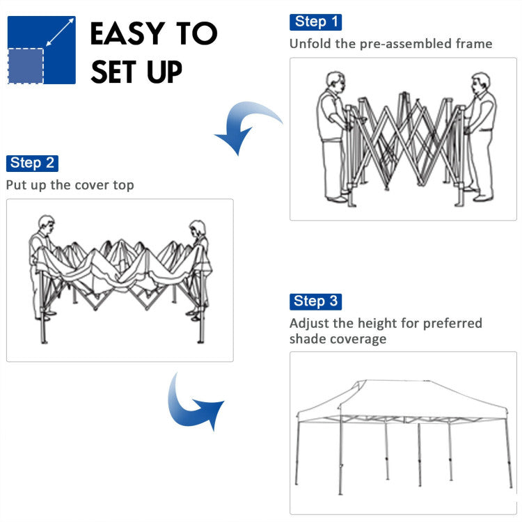 Quick and Simple Setup: Setup is a breeze with the clear user manual. No tools are required. Unfold the pre-assembled steel frame, secure the canopy cover with hook and loop fasteners, and adjust the height to your desired shade coverage.