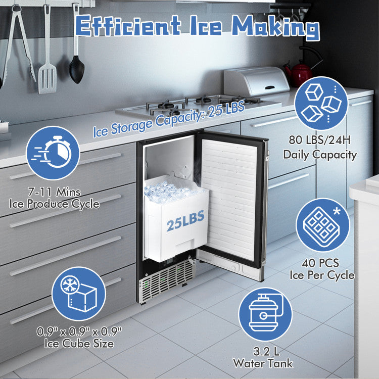 Hikidspace 115V Free-Standing Undercounter Built-In Ice Maker with Self-Cleaning Function