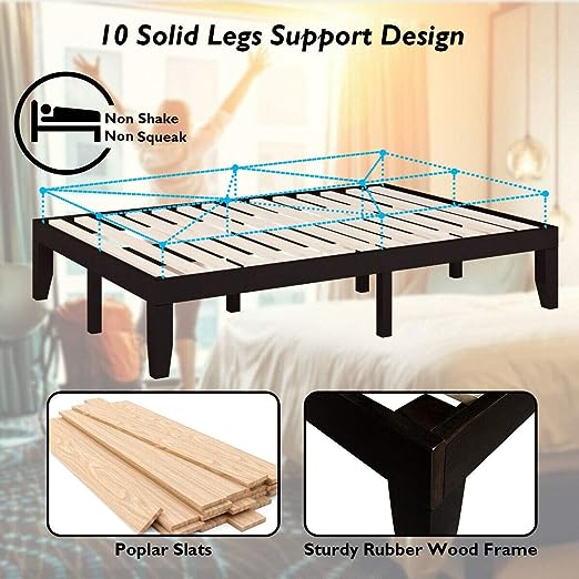 Premium Solid Wood Construction: Crafted from 100% solid rubberwood, this bed frame is built to last and provides exceptional durability. The poplar support slats further enhance its sturdiness. The bed's 6-leg design ensures even weight distribution for added stability and longevity.