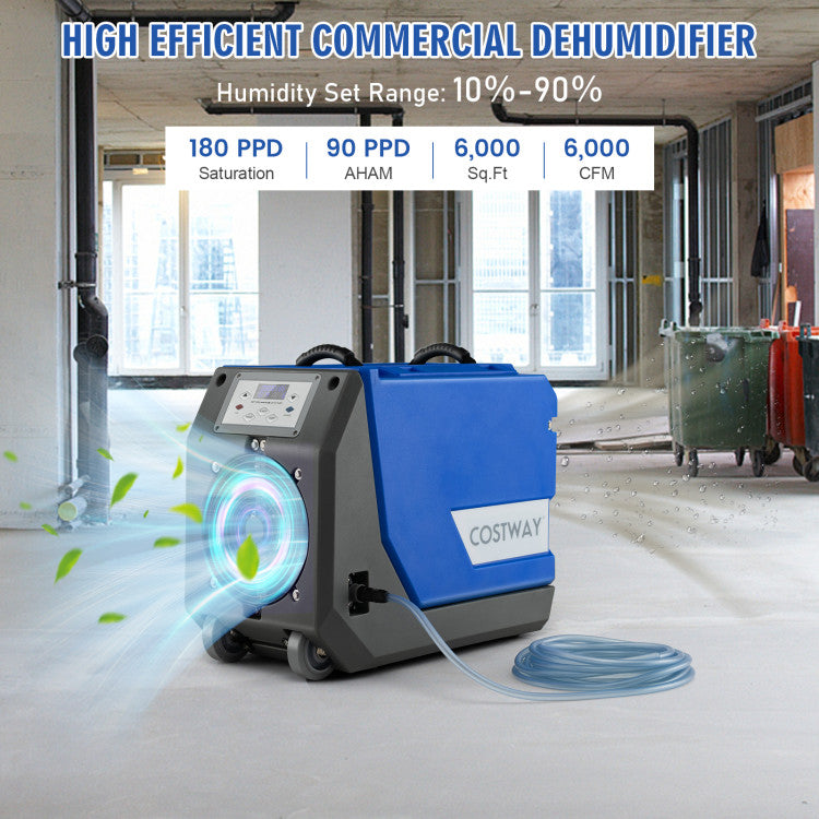 <strong>180 PPD High Efficient Dehumidifier:</strong> Featuring 341 CFM airflow volume, this large capacity dehumidifier can remove up to 180 pints of moisture from the air per day under 95℉, 80% RH condition (90 PPD at AHAM). This dehumidifier with a dehumidification coverage area of 6,000 sq. ft is ideal for residential, commercial, and industrial use.<br>