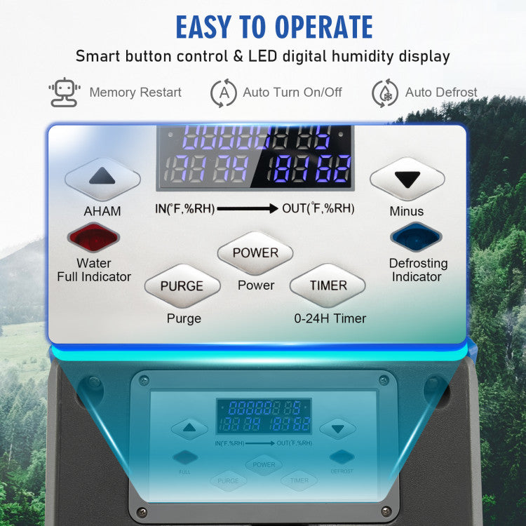 <strong>Easy and Convenient to Operate:</strong> With the smart button control panel and clear LED digital humidity display, you can simply set the desired humidity value from 10% to 90% according to your needs. Moreover, this commercial dehumidifier also features a 0-24H timer, memory restart, and auto turn on/off for effortless control.