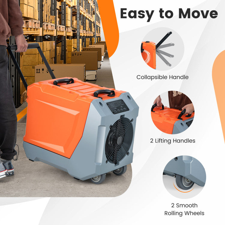 <strong>Portable Design and Wide Application:</strong> Equipped with a collapsible handle, 2 lifting handles, and 2 smooth rolling wheels, the industrial dehumidifier is easy to move and transport. It is an ideal dehumidification solution for construction buildings, water damage restoration, warehouses, basements, wine cellars, workshops, etc.<br>