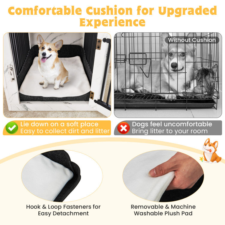 <strong>Wide Space and Cozy Dog Bed:</strong> Elevate your furry friend's comfort with our dog crate boasting a generous 18" x 24" x 16.5" (L x W x H) interior. Complete with a velvety felt dog bed featuring convenient hook and loop fasteners, it's the ultimate cozy retreat. The included plush pad is easily removable and washable for hassle-free cleanup.