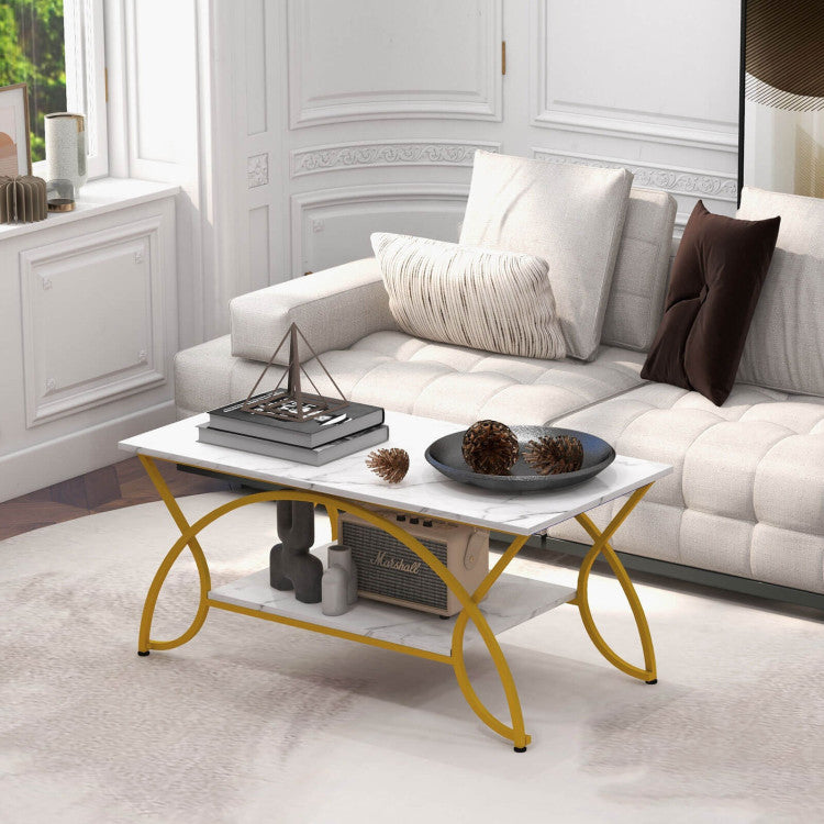 Sleek and Modern Coffee Table: Elevate your living space with our modern coffee table, featuring a white faux marble top that exudes elegance. The sleek golden frame adds a touch of luxury, making it a perfect addition to any contemporary décor.