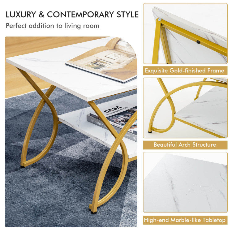 Robust and Durable Build: Crafted from heavy-duty metal with a stylish golden finish, our coffee table ensures long-lasting performance. The robust design, with reinforced arched steel pipes, guarantees stability and can support up to 154 lbs in total weight (110 lbs on the tabletop).