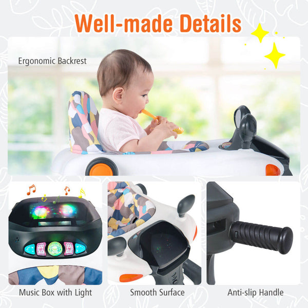 Interactive Learning Experience: The engaging design of this baby walker includes 5 light buttons with captivating lights and 2 rearview toy mirrors. Modeled after a racing car, it piques your baby's curiosity and early learning exploration. Musical features extend the fun and learning. (Batteries not included)