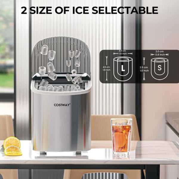 Customizable Ice Size and Shape: Our premium evaporative condenser ensures that the ice cubes are perfectly shaped like round bullets, offering a crystal-clear texture that's safe to consume. Plus, you have the freedom to choose your desired ice size, catering to different beverage preferences. Note: Avoid using purified water for optimal results.