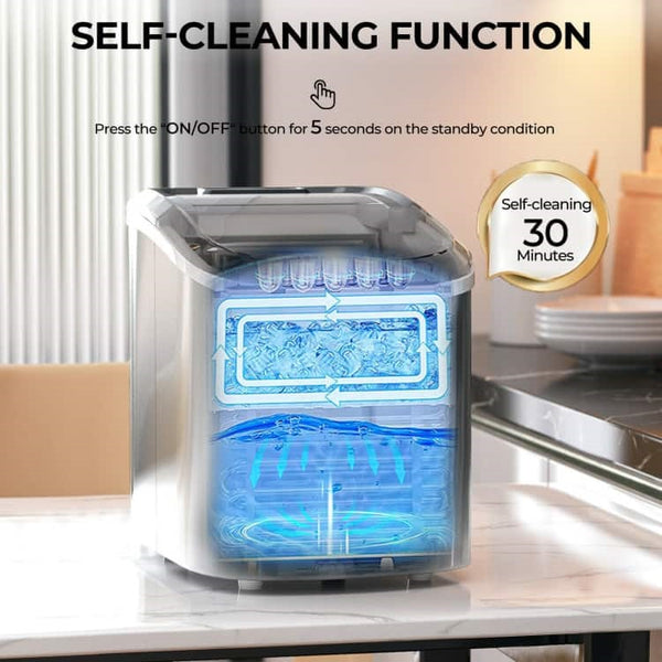 User-Friendly and Safe Operation: With a large 1.5 lbs ice basket capacity, you can store plenty of ice for your convenience. Once the sensor detects a full ice basket or water shortage, the ice maker will automatically stop working, indicated by a flashing light. Additionally, activate the self-cleaning function by pressing the power button for 5 seconds during standby mode.