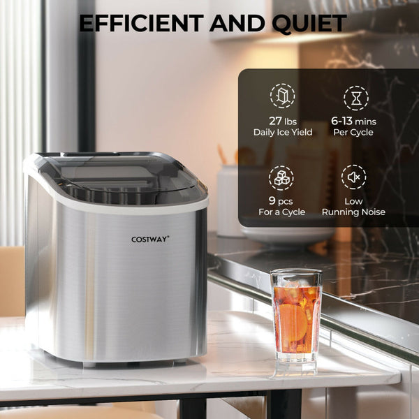Rapid Ice Production: Experience the ultimate convenience with this high-performance ice maker machine that can produce 9 ice cubes in just 6 minutes. With a daily ice production capacity of 27 lbs, you'll never run out of ice, making it perfect for family gatherings or small social events.