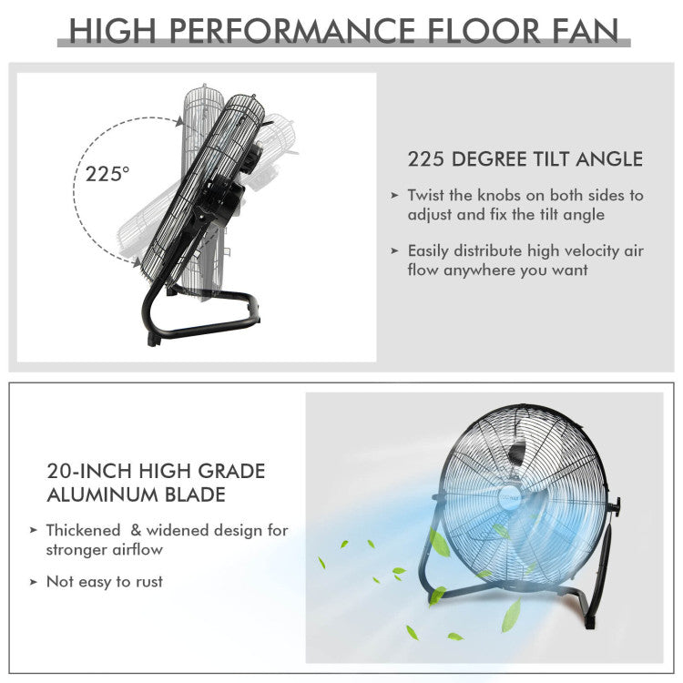 Stay Cool with Adjustable Wind Speeds: Our 20" floor fan offers three wind speed options to suit your preferences: high speed (3133CFM), medium speed (2876RPM), and low speed (2576CFM). Experience the refreshing breeze with ease and control. Additionally, the fan's 225° tilting head allows you to direct the airflow precisely wherever you need it.