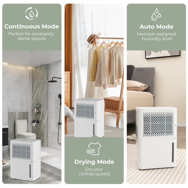 Versatile Modes: Choose from three versatile modes to cater to your needs. Continuous mode ensures consistent moisture reduction, perfect for persistently damp areas. The drying mode accelerates clothes drying, and the auto mode maintains your desired humidity level while conserving energy.