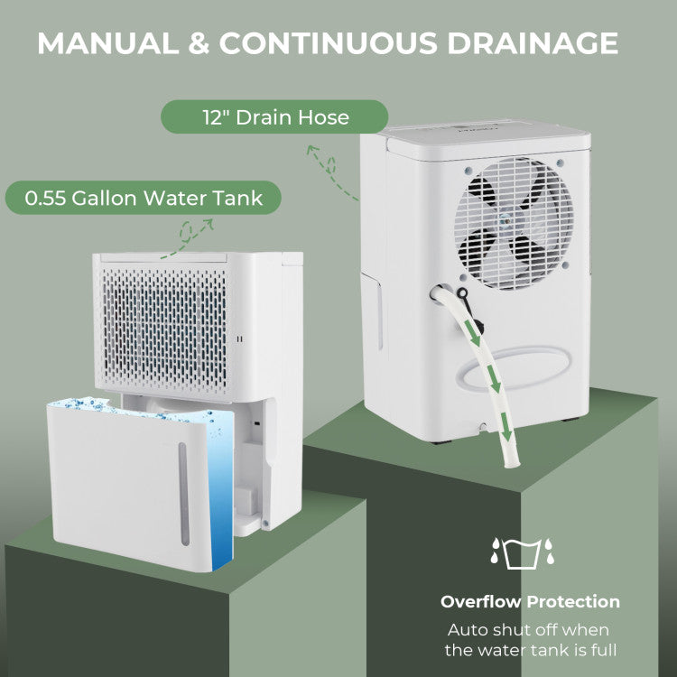 Effortless Drainage and Easy Maintenance: Enjoy flexible drainage options – manually empty the 2.1 L/0.55-gallon water tank or opt for continuous drainage using the included 30 cm/12" drain hose. The detachable and washable filter simplifies maintenance, ensuring optimal performance.
