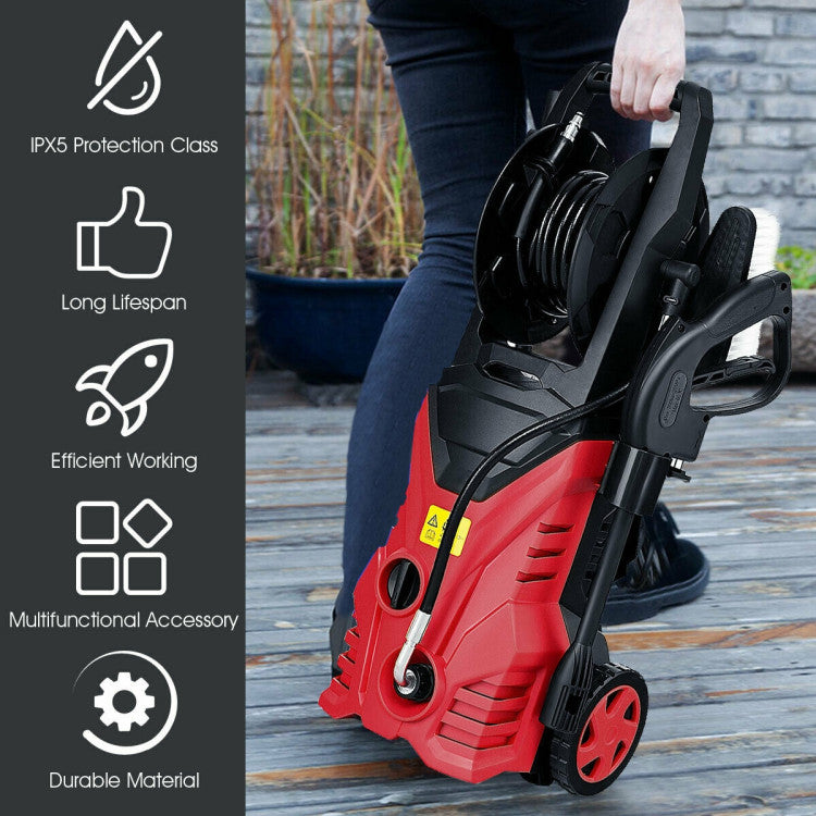 <strong>Easy to Use and Storage:</strong> Experience hassle-free operation and storage with our user-friendly high-pressure washer! Just flip the switch and you're ready to clean – no complex steps required. Plus, the onboard reel keeps the high-pressure hose neatly organized for quick and easy storage after use.
